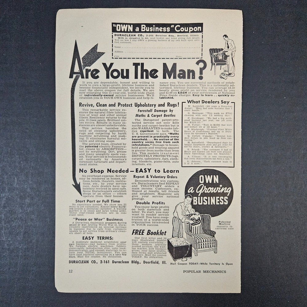 1952 Duraclean Co Are You The Man? Vintage Print Ad Upholstery Rugs Deerfield IL